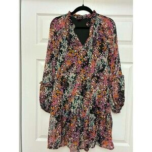 Vince Camuto Women's Large Floral Tiered Dress Long Sleeve V-Neck Black